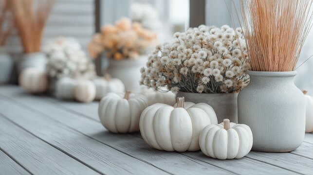 Minimalist fall white and sage pumpkins arranged on a grey wooden floor mums and dried wheat in ceramic pots