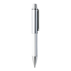 A single white and silver pen is displayed vertically against a stark black background in a studio shot created with generated ai