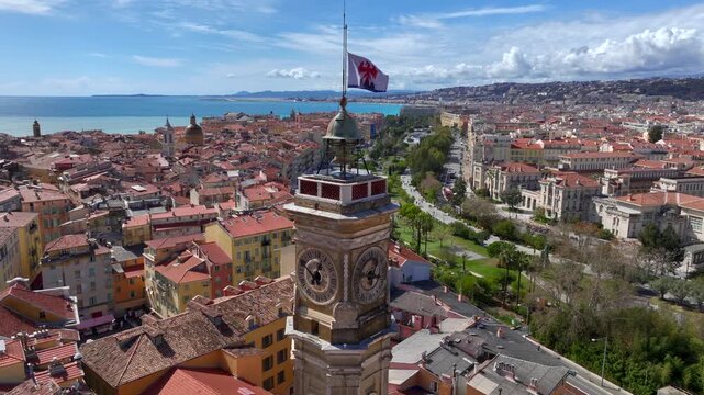 Flag of Nice, the capital of the Alpes-Maritimes on the French Riviera, Cote D AZur. Old Town, English Promenade.