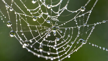 Naklejka premium Intricate spiderweb glistening with sparkling morning dew droplets, a delicate masterpiece of natural abstract art against a soft green background