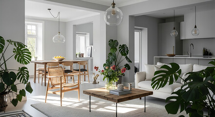 Bright and airy open concept living space with monstera plants and modern furniture design elements