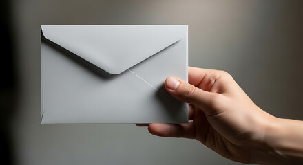 A hand holding a gray envelope against a blurred gray background in a close up studio shot view