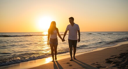 A romantic couple strolling along a sandy beach at sunset, hand in hand, bathed in the warm golden light. The waves gently lap the shore as they enjoy their peaceful time together