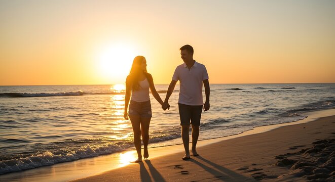 A romantic couple strolling along a sandy beach at sunset, hand in hand, bathed in the warm golden light. The waves gently lap the shore as they enjoy their peaceful time together - Powered by Adobe