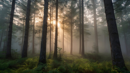 Obraz premium Mystical sunbeams filtering through a foggy pine forest at sunrise, illuminating the tranquil atmosphere with a magical sense of wonder