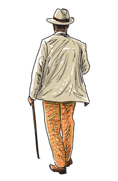 One elderly elegant urban man in hat with walking stick, casual pedestrian walking outdoors, realistic sketch, hand drawn vector illustration isolated on white background
