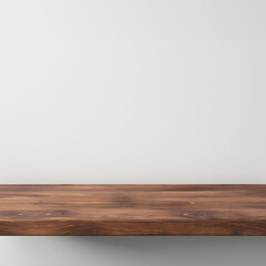 Empty wooden tabletop with blank white background for product display and copy space