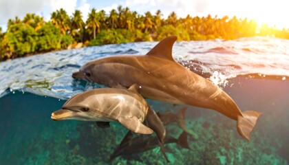 Obraz premium Two playful dolphins leap gracefully in a tropical paradise, showcasing the beauty of the underwater world. Sunlight filters down, illuminating their sleek bodies and the vibrant coral reef below.