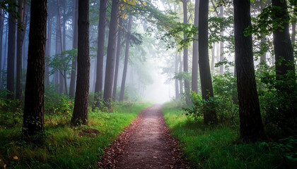 Obraz premium A Serene Forest Path Illuminated by Soft Morning Light and Surrounded by Tall Trees and Mist