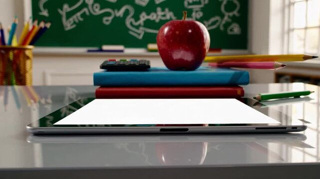The commencement of academic period, featuring electronic slate and scholastic materials arranged on worktable, symbolizing learning