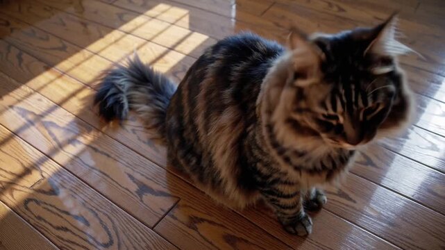 Domestic Feline with Lengthy Fur and Striped Coat Pattern Seated Upon Timber Floor Surface Gazing Directly at the graphic Device Soliciting Food Reward