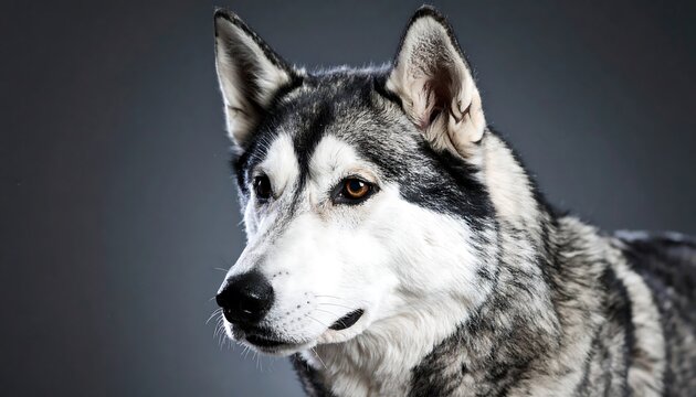 Close up portrait of a Siberian Husky dog with striking blue eyes and a thick grey and white coat.