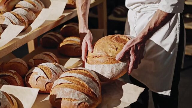 Person Who Prepares Baked Goods Organizing Recently Oven-Headed Artisan Loaves on Storage Shelves