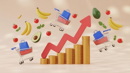 Rising grocery prices illustrated with a red arrow graph shopping carts and floating food items symbolizing inflation and cost of living increases