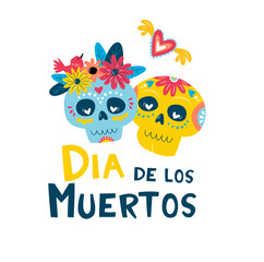 Cute Day of the Dead Skulls with Flowers and Hearts Illustration. Colorful Sugar Skulls Cartoon, Mexican Calaveras Vector Design. Dia de los Muertos Cute Skull Couple with Floral Decorations