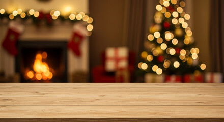 A light brown wooden table in sharp focus, with a cozy Christmas scene blurred in the background, featuring a glowing fireplace and a decorated tree, perfect for festive product displays.