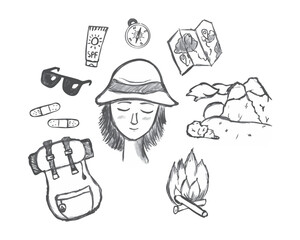 Girl remember about Summer Camping. Mountain landscape and lighting Campfire. Items for Hike. Portrait of Relaxed calm Woman in Hat. Sketch Doodle Set of items. Hand drawn. Vector illustration.