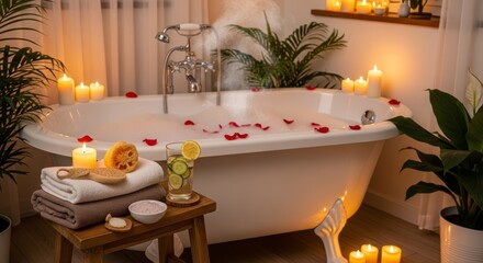 bath for ultimate relaxation. book, cup of tea, fresh fruit, candles on wooden caddy. spa-like  escape at home for Self-care guides and mental health resources, Hotel or spa promotional materials