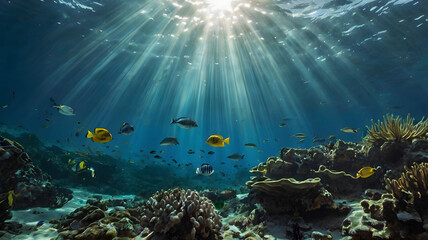 Fototapeta premium Spectacular view of a sunlit coral reef with a school of diverse tropical fish swimming in the clear blue ocean