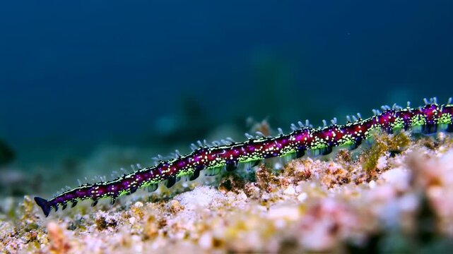 Bobbit worm footage in underwater, colorful marine worm with unique segmentation and vibrant
