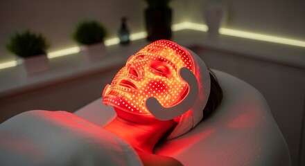 woman in spa receiving red light LED therapy facial. This modern, non-invasive cosmetic procedure uses light-emitting mask for skin rejuvenation, stimulating collagen production, anti-aging benefits