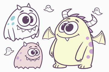 Kawaii Cyclops Monsters Vector Illustration with Horns and Ghost Friends