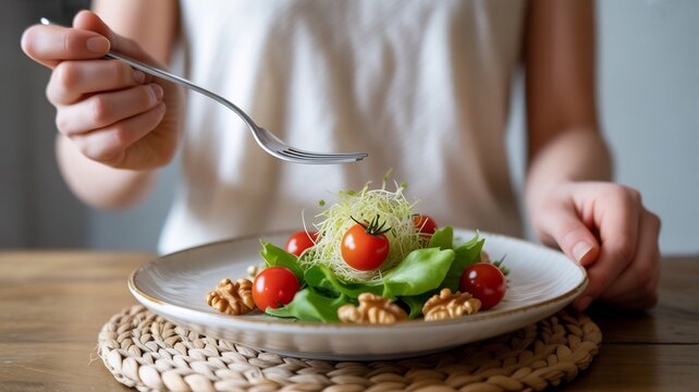 Close up of a person drizzling dressing onto a fresh salad with tomatoes and walnuts on a rustic plate
