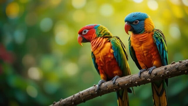 Colorful parrots perched on a branch, bright background with bokeh. 4k video