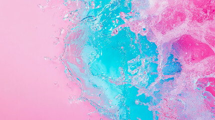 Fototapeta premium Vibrant Abstract Water Splash Dynamic Background with Energetic Pink and Blue Hues, Liquid Movement, and Sparkling Droplets