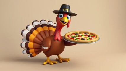3D cartoon turkey in a pilgrim hat holding a big pizza, cheerful Thanksgiving concept on beige background with copy space. Thanksgiving and pizza delivery 