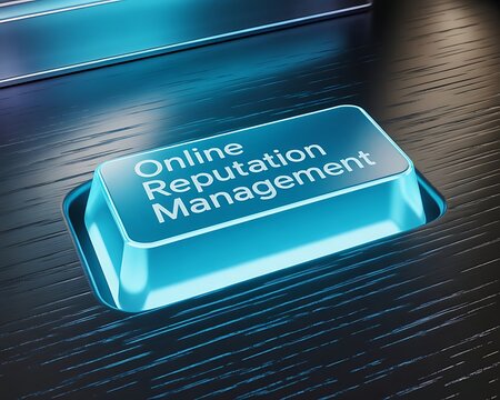 Glowing blue keyboard key labeled online reputation management illuminated digital technology concept