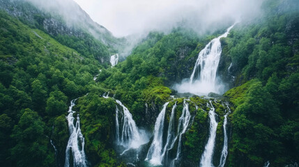 Breathtaking View of Multiple Powerful Waterfalls Descending Through Vibrant Green Forest-Covered Mountains Shrouded in Ethereal Mist and Fog