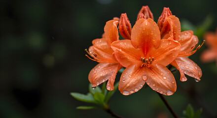 Rainy Day Close-up of orange Azalea with glistening raindrops, diffused light Poignant