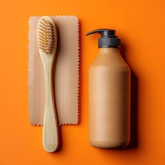 Eco Friendly Bamboo Toothbrush and Cardboard Bottle on Orange Background