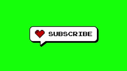 Subscribe text in a neubrutalism style comment balloon. 8-bits pixel art animation with a heart icon. Social media overlay on a transparent background, Alpha channel, ProRes 4444 format. - Powered by Adobe