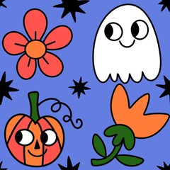 Autumn harvest vegetable seamless monster Halloween pumpkins pattern for wrapping paper and fabrics
