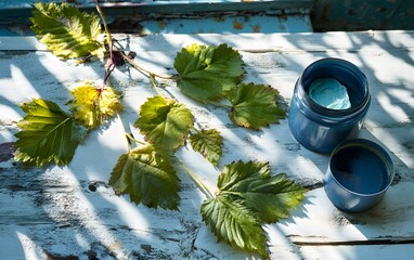 Natural Herbal Cream Jar with Green Leaves on Rustic Wooden Table