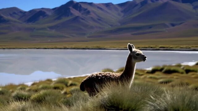 vicuna animal grazing peacefully on vibrant grasslands adjacent to serene salt flat in high-altitude mountainous environment