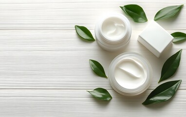 Natural Skincare Cream Jars with Green Leaves on White Wood