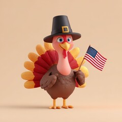 A cheerful cartoon turkey wearing a pilgrim hat holds an American flag. With colorful feathers in red, yellow, and orange, the turkey symbolizes Thanksgiving, blending festive tradition with patriotic