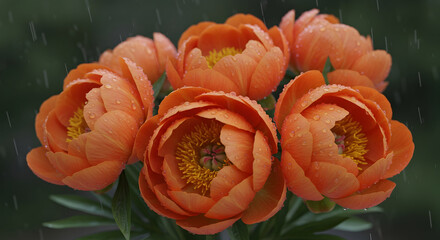 Rainy Day Close-up of orange Peonies with glistening raindrops, diffused light Poignant