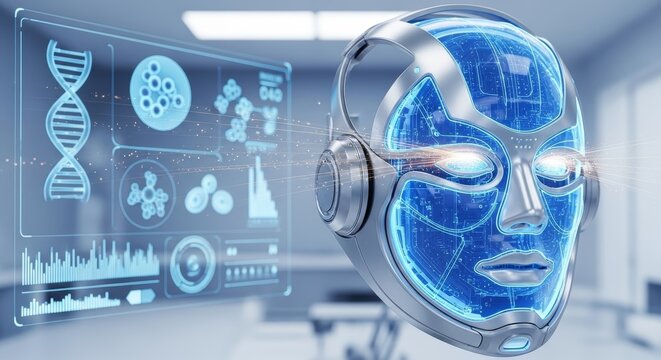 Futuristic robot head with glowing eyes analyzes scientific data on holographic screen. Artificial intelligence in medicine, genetics, and biology concept.