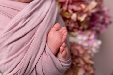 newborn baby girl's feet with flowers