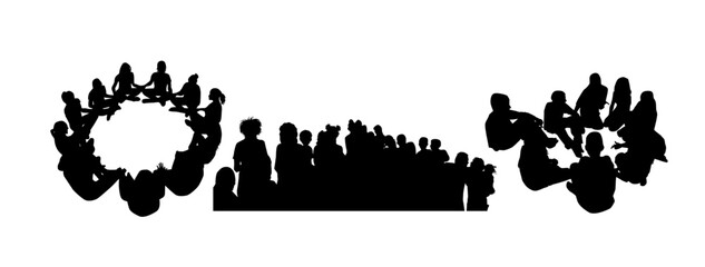Silhouettes of groups of people set. hand drawn. Not AI, Vector illustration.