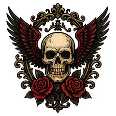Winged gothic skull with red roses and ornate baroque flourishes, dark vintage tattoo style on brown background

