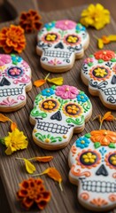 Sugar skulls, or calaveras, colored and decorated with colorful patterns, floral motifs on wooden board.  image captures traditional artistry associated with Day of the Dead celebration