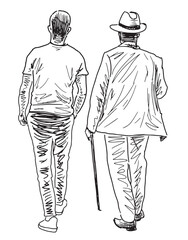 Two casual urban men, elderly elegant and young, casual pedestrians walking outdoors, realistic sketch, hand drawn vector illustration isolated on white background