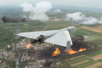 A drone flies over fires in a ruined city.