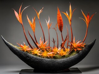 Stunning Orange and Red Exotic Plant Arrangement in Modern Black Vase