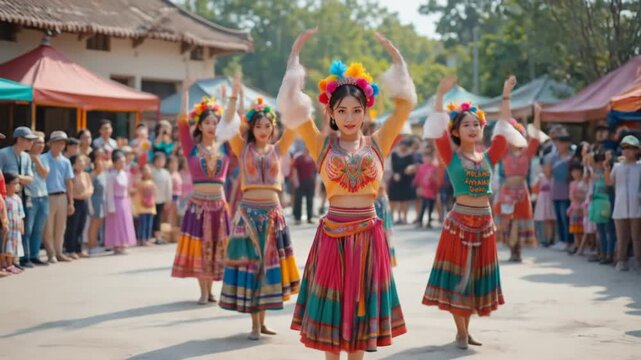 Colorful traditional dancers perform in a vibrant outdoor setting. 4k video